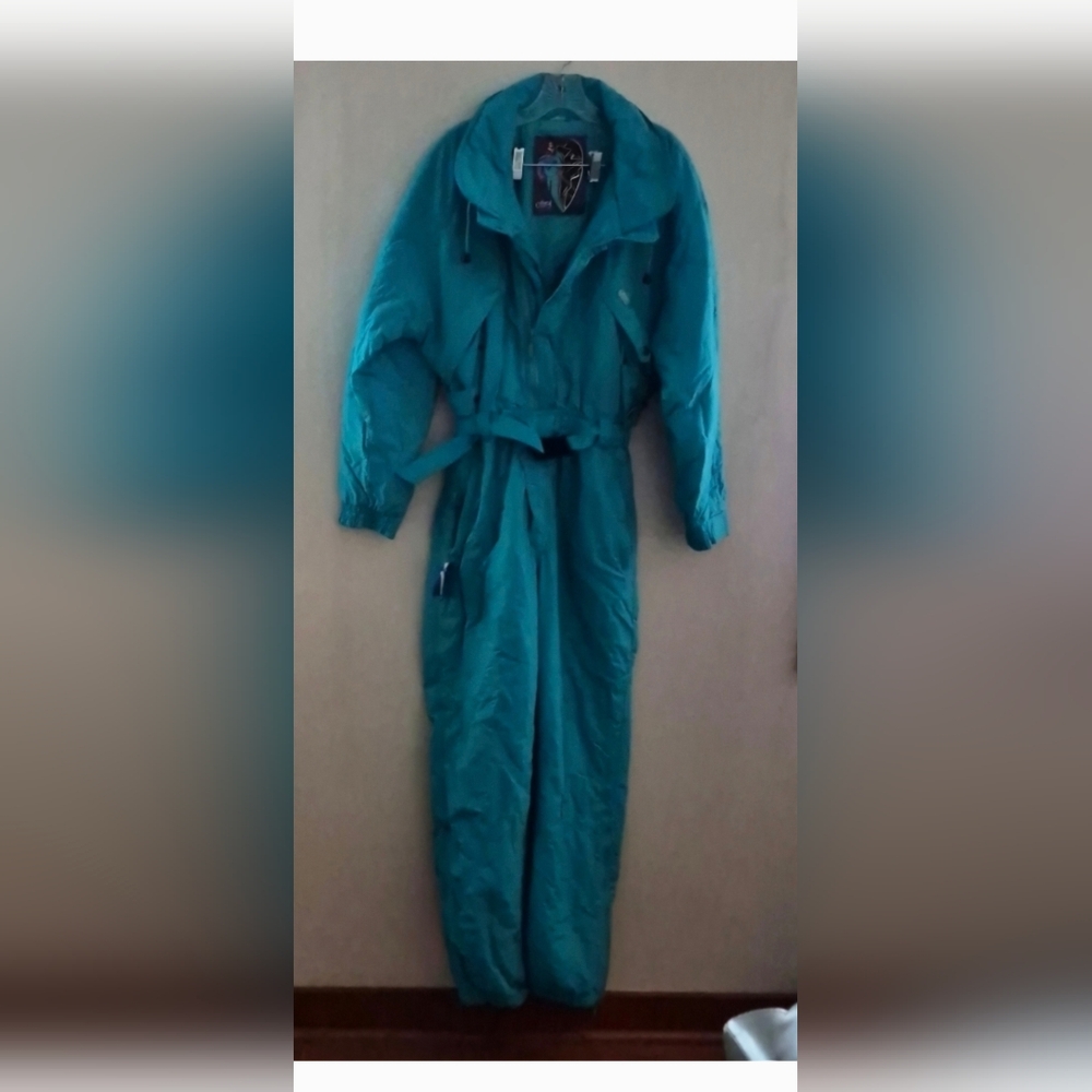 Vintage Etirel women's snowsuit turquoise medium one piece 80s 90s 1980s 1990s